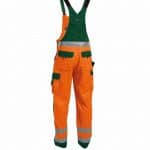 toulouse high visibility brace overall with knee pockets fluo orange bottle green back